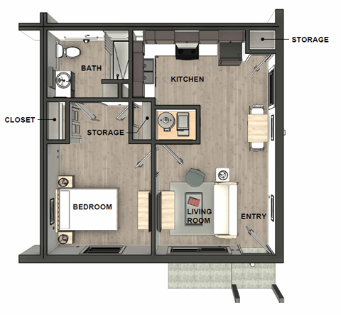 Floor plan for 1 bed, 1 bath, 540 sqft